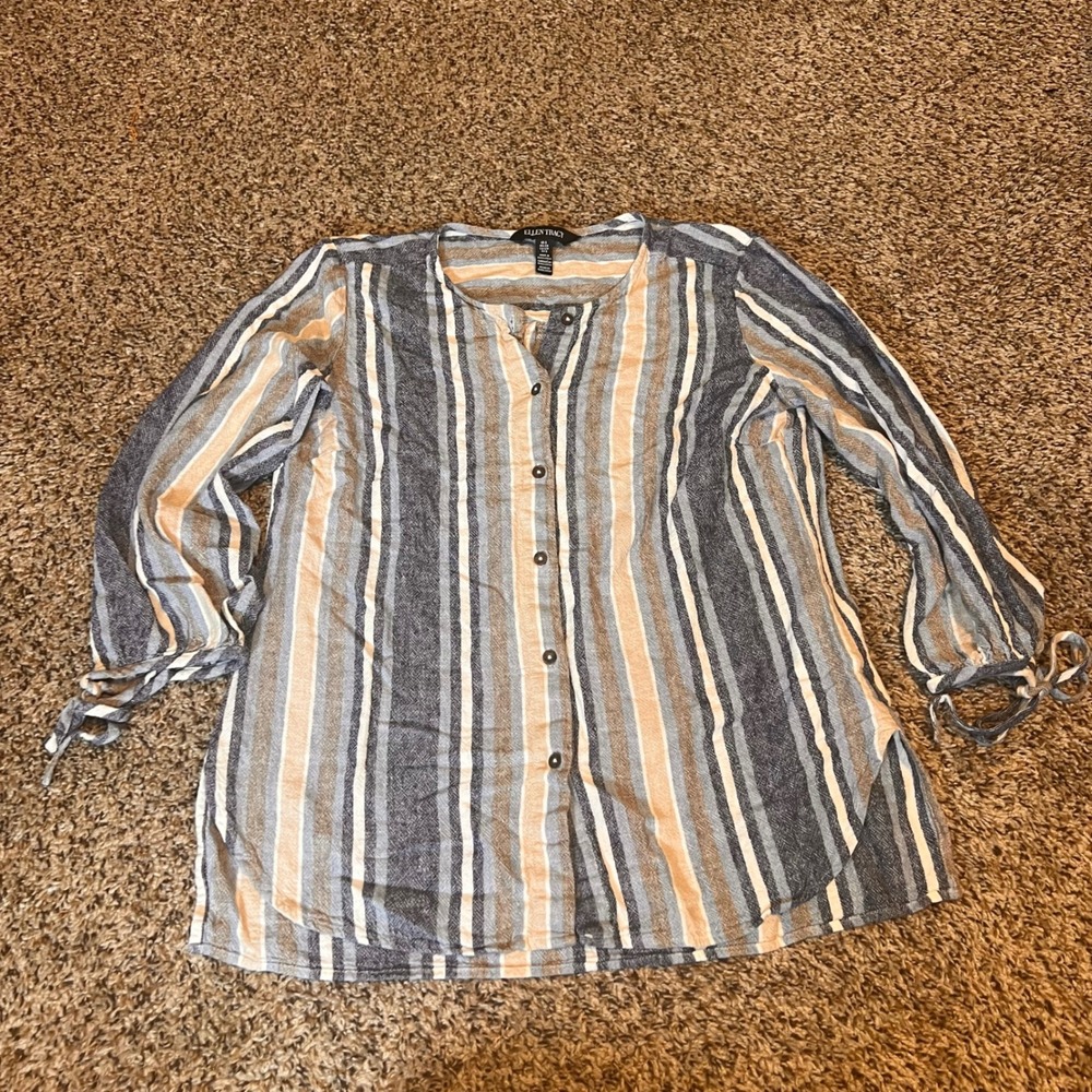 Ellen Tracy Womens Small Striped Button Up Tie Sleeve‎ Tunic Blouse Top
